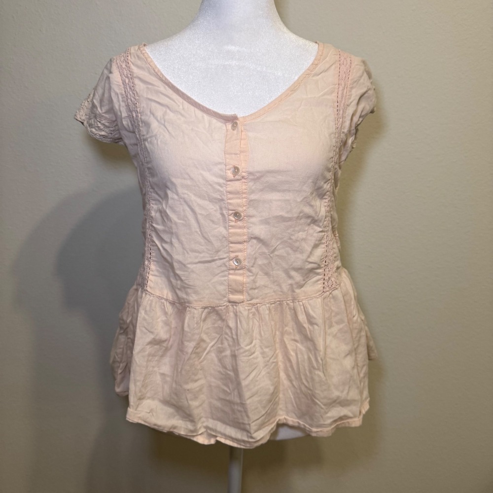 AS Original Pink Peplum Blouse Lace Trim V Neck Short Sleeve